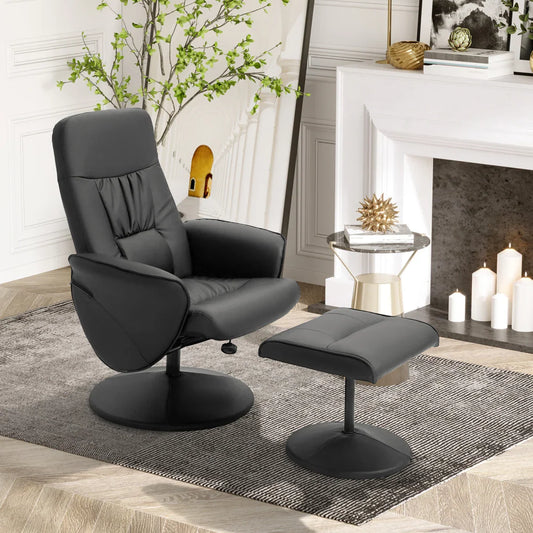 2 Pcs Reclining Armchair Ottoman 360 Swivel Home Furniture PU Leather Black - Bert Joseph