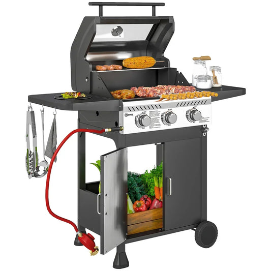 Outdoor gas barbecue grill with food and vegetables, stainless steel, homeware kitchen appliance