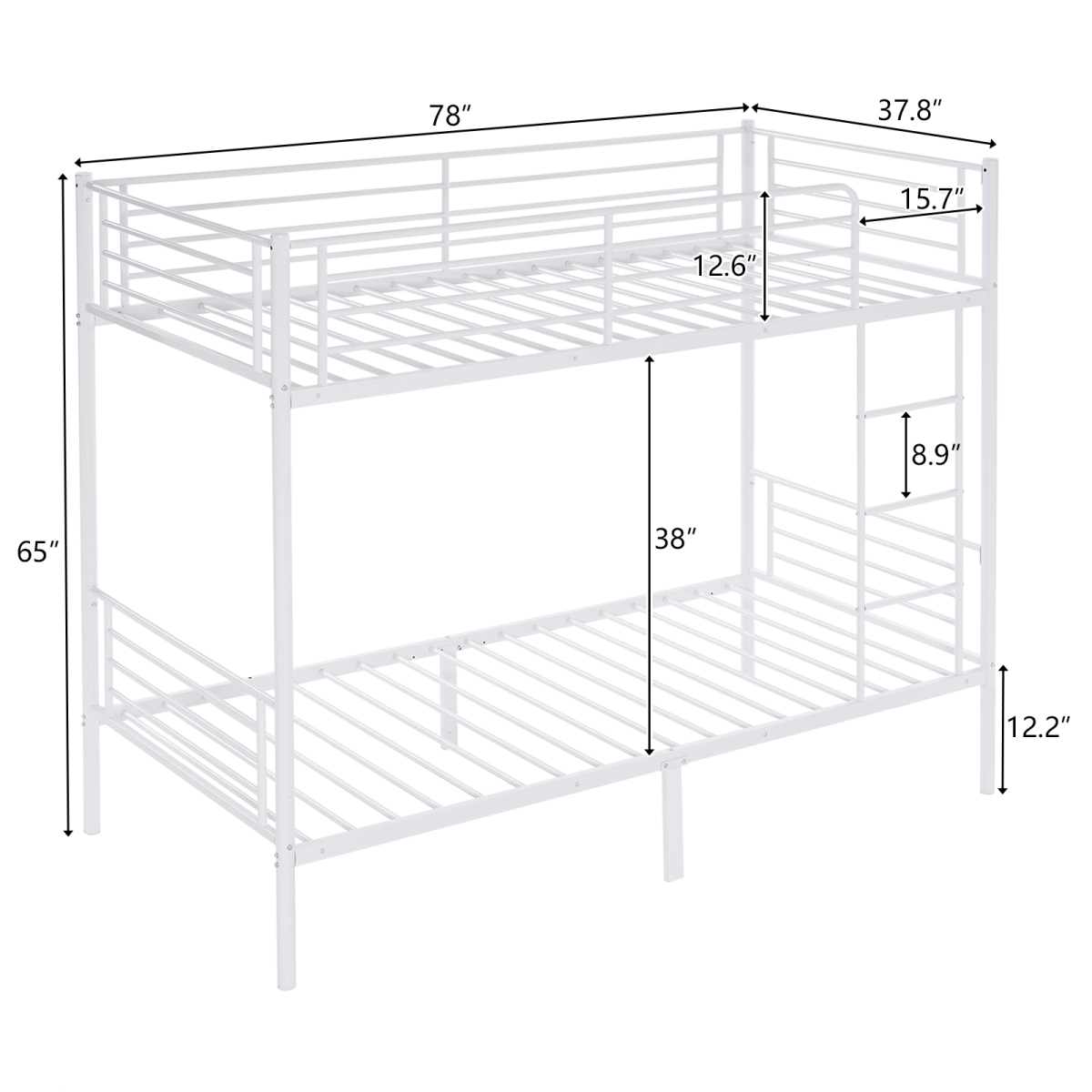 【Same Code：99091194】Twin Over Twin Bunk Bed for Kids Teens Adults, Heavy Duty Metal Bunk Bed with Ladder & Full-Length Guard Rail & Storage Space, White