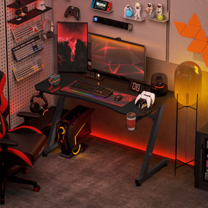 Gaming Desk Steel Frame Cup Headphone Holder Adjustable Feet Home Black