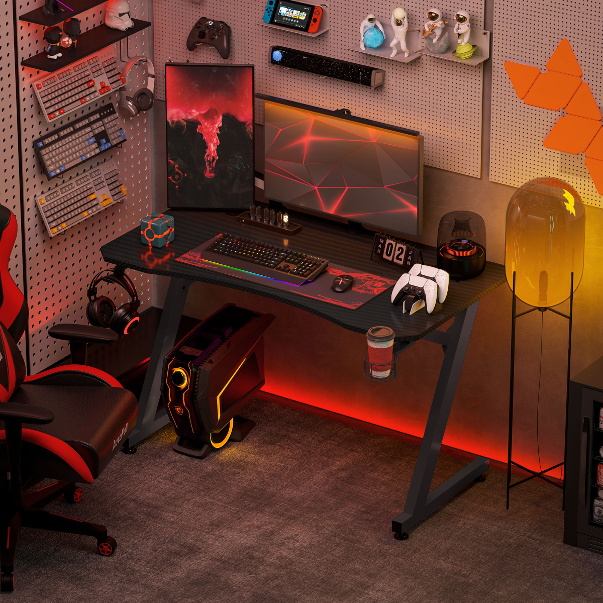 Gaming Desk Steel Frame Cup Headphone Holder Adjustable Feet Home Black