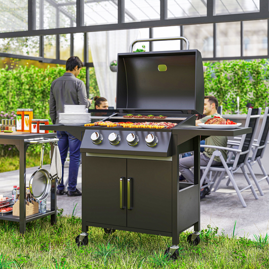 Outsunny 4 Burner Gas Grill Portable BBQ Trolley w/ 4 Wheels and Side Shelves
