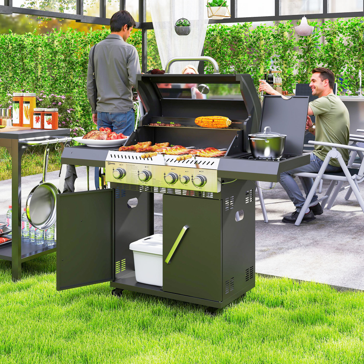 Outsunny 4+1 Burner Gas BBQ Grill with Clear View Lid, Thermometer, Black
