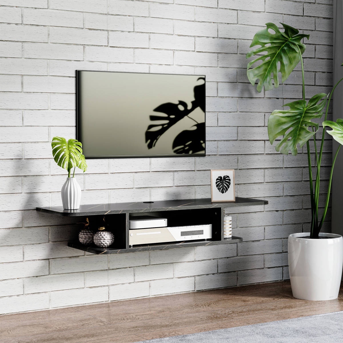 Floating TV Unit Stand Wall Mount Media Console with Storage Shelf, Black