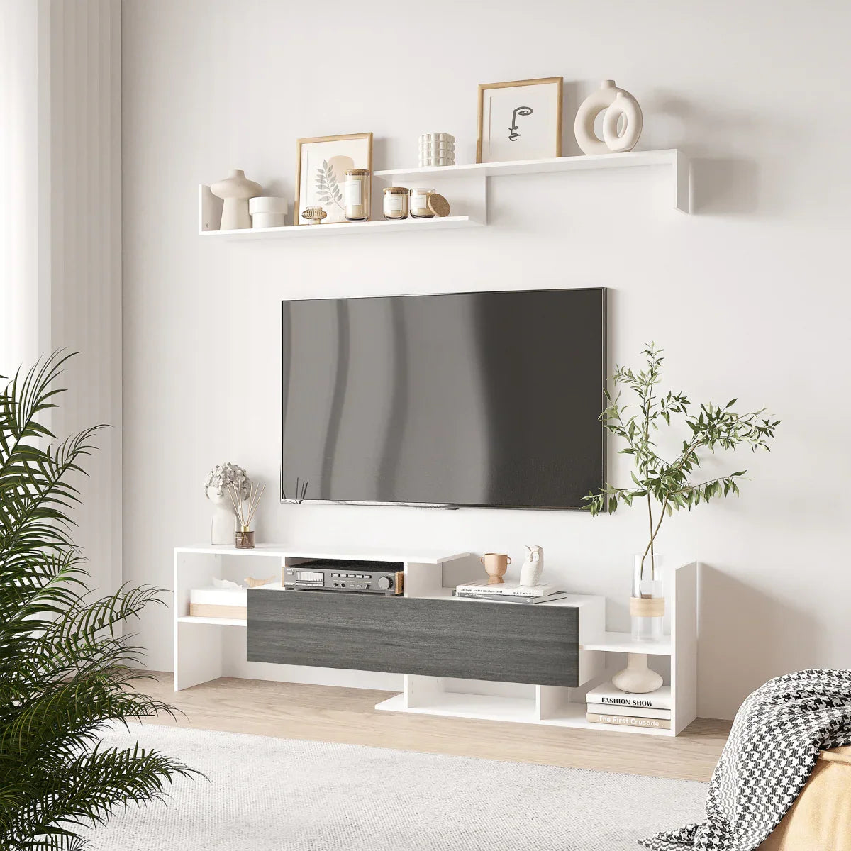 HOMCOM TV Cabinet Unit w/ Wall-Mounted Shelf, Open Shelves White and Grey - Bert Joseph 