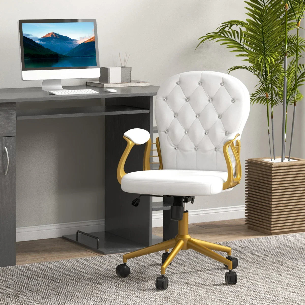 Vinsetto Home Office Chair Button Tufted Desk Chair with Swivel Wheels White - Bert Joseph 