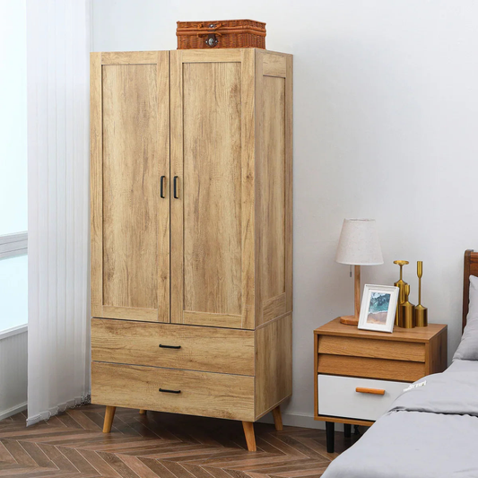 Modern oak wardrobe with black handles beside a stylish nightstand in a bright bedroom