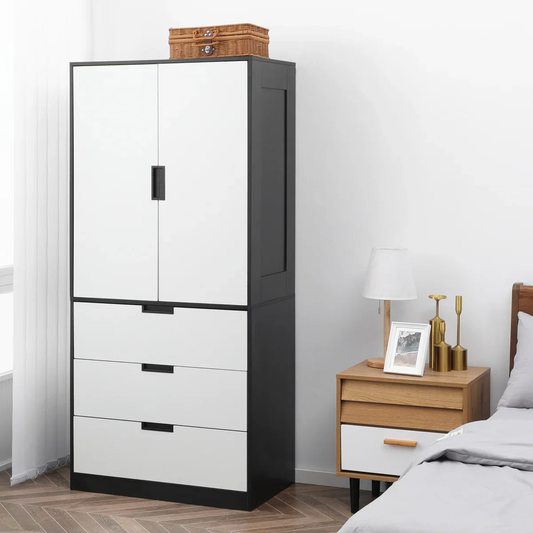 Modern black and white wardrobe with drawers beside wooden bedside table in a stylish bedroom