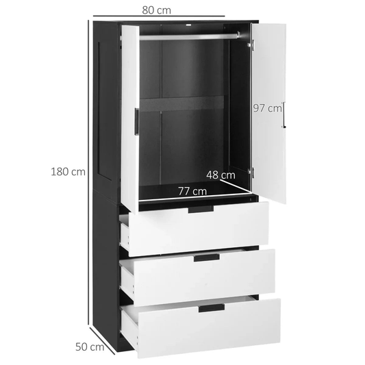 Modern black and white wardrobe with open doors and drawers, showing dimensions for Bert Joseph furniture