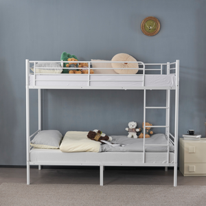 【Same Code：99091194】Twin Over Twin Bunk Bed for Kids Teens Adults, Heavy Duty Metal Bunk Bed with Ladder & Full-Length Guard Rail & Storage Space, White