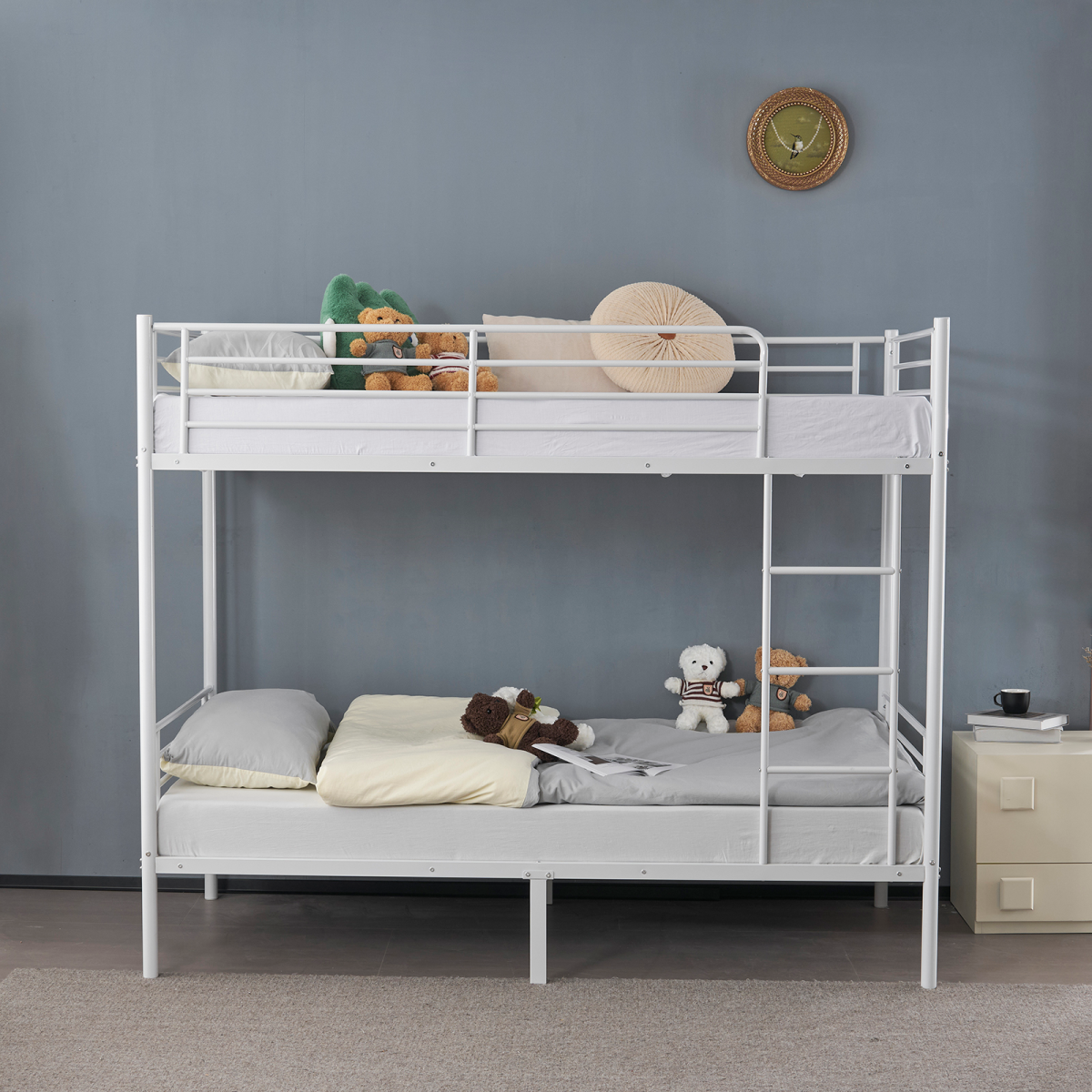 【Same Code：99091194】Twin Over Twin Bunk Bed for Kids Teens Adults, Heavy Duty Metal Bunk Bed with Ladder & Full-Length Guard Rail & Storage Space, White