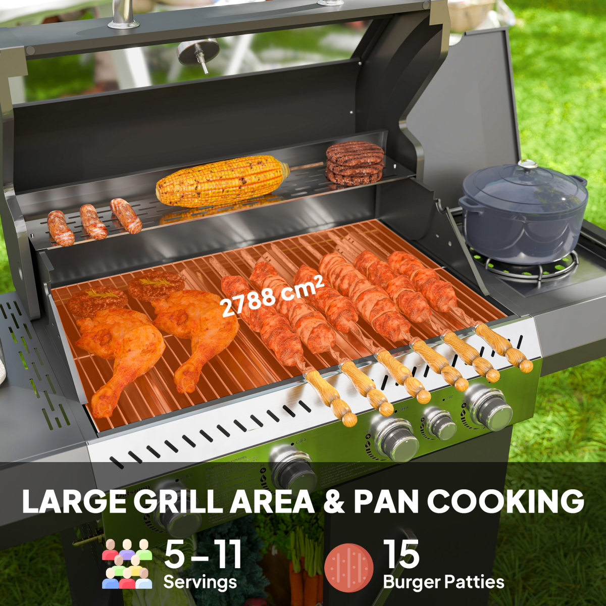 Outsunny 4+1 Burner Gas BBQ Grill with Clear View Lid, Thermometer, Black