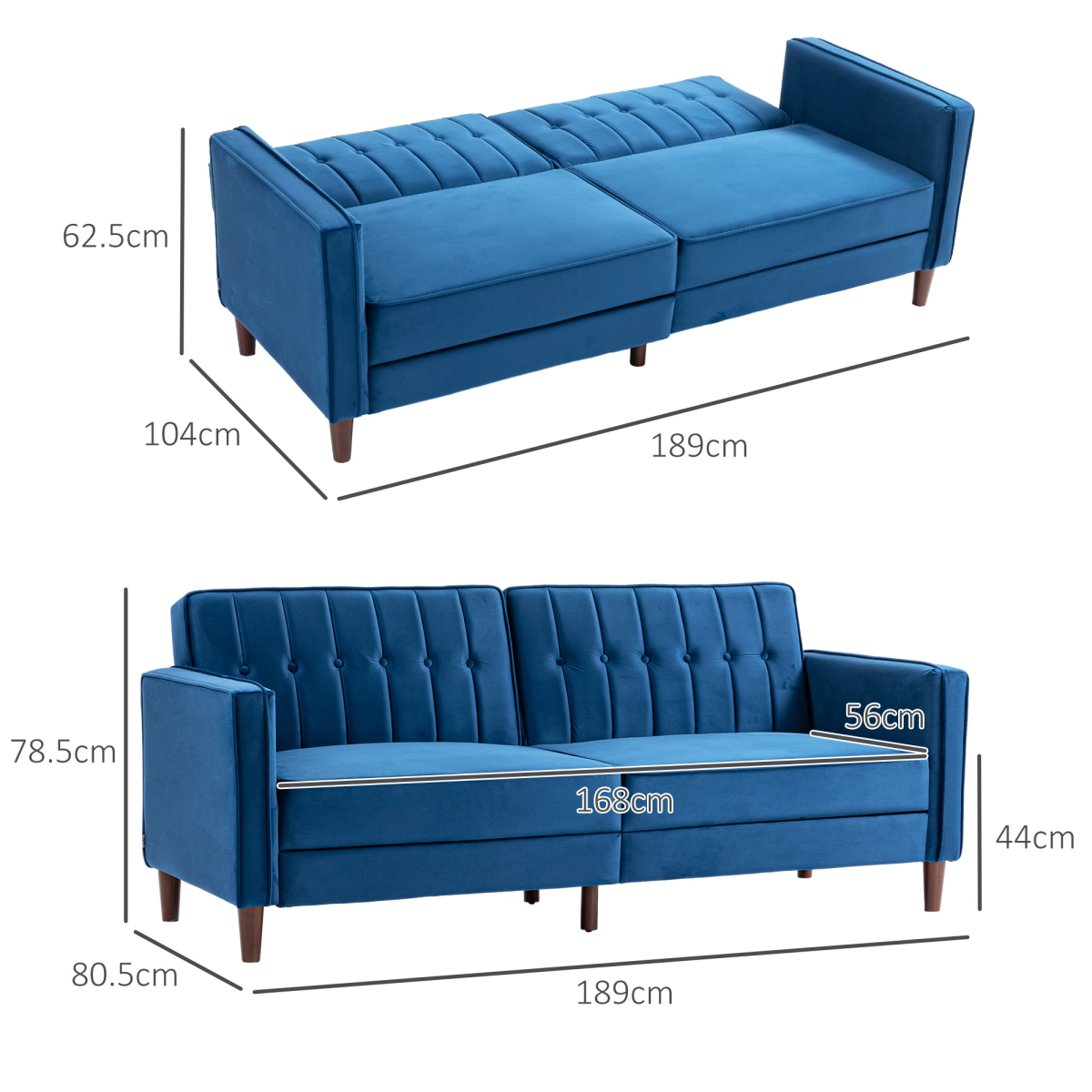 HOMCOM Convertible Sofa Futon Velvet-Touch Tufted Couch Sofa Bed Split Back Blue - Bert Joseph 