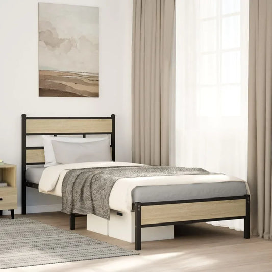 Modern single bed frame with wood and metal accents in a bright, minimalist bedroom, Bert Joseph UK homeware.