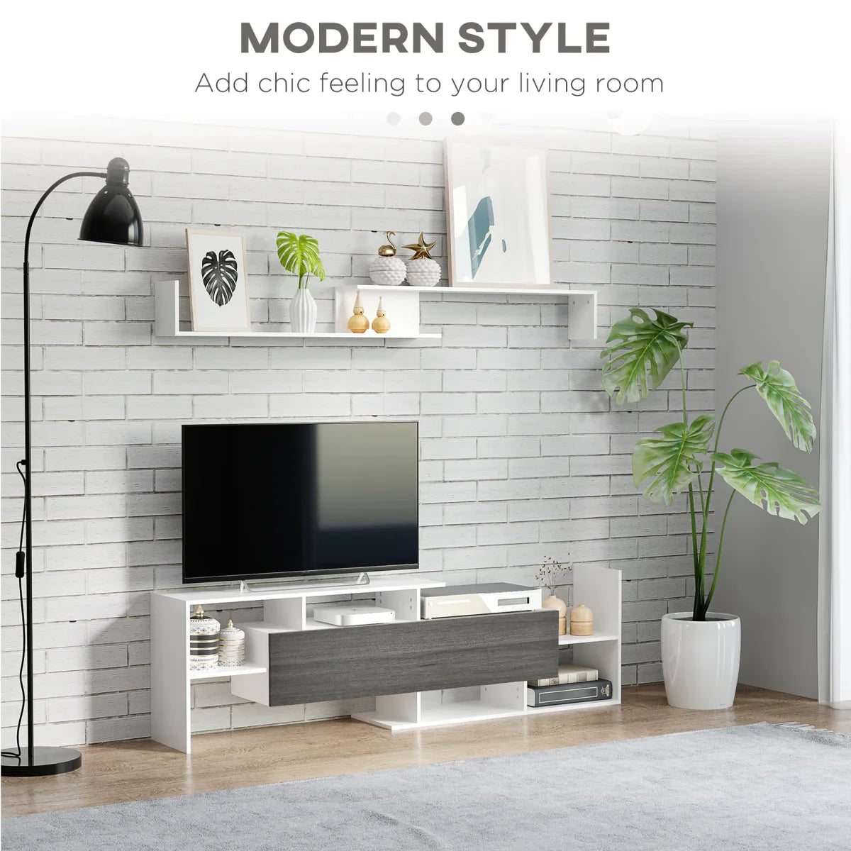 HOMCOM TV Cabinet Unit w/ Wall-Mounted Shelf, Open Shelves White and Grey - Bert Joseph 