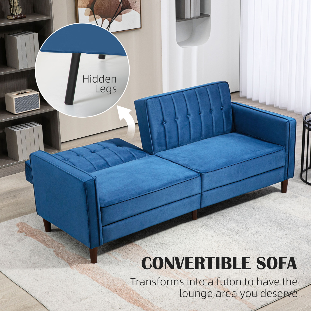 HOMCOM Convertible Sofa Futon Velvet-Touch Tufted Couch Sofa Bed Split Back Blue - Bert Joseph 