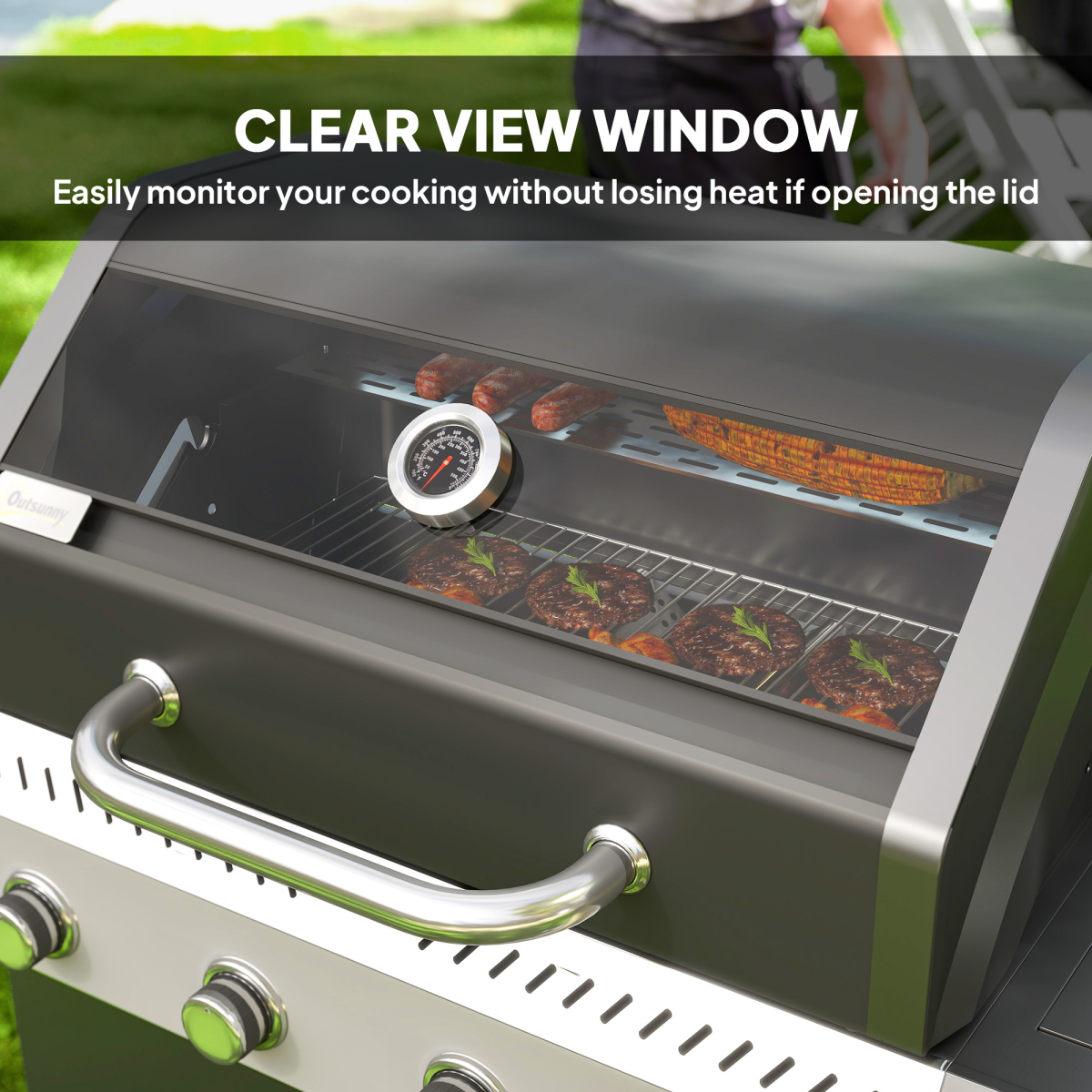 Outsunny 4+1 Burner Gas BBQ Grill with Clear View Lid, Thermometer, Black