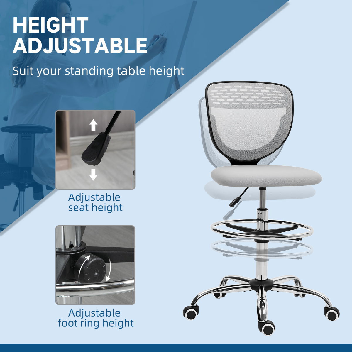 Vinsetto Draughtsman Chair, Office Chair with Wheels, Light Grey