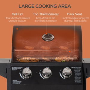 3 Burner Gas BBQ Grill Portable Barbecue Trolley Warming Rack Storage Cabinet