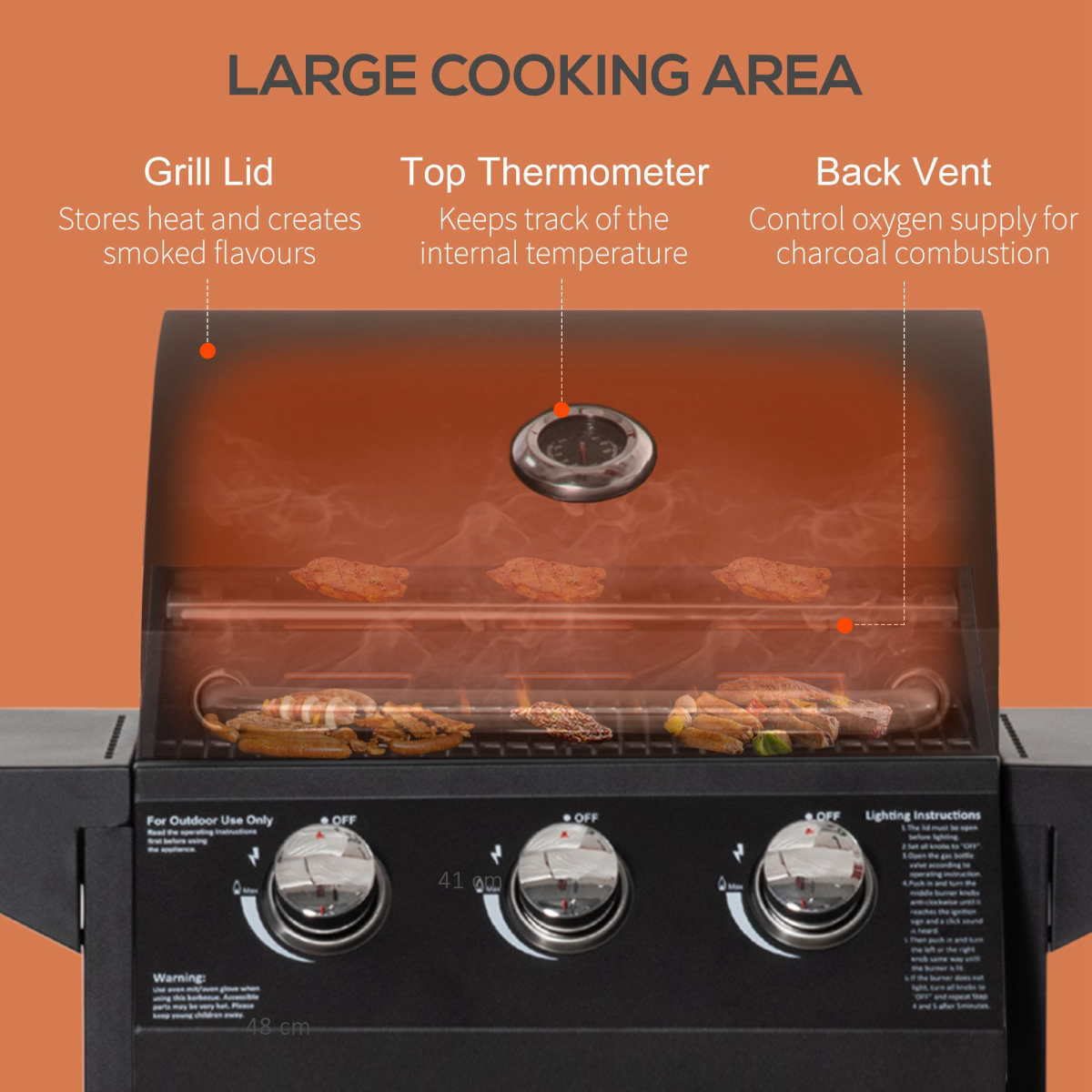 3 Burner Gas BBQ Grill Portable Barbecue Trolley Warming Rack Storage Cabinet