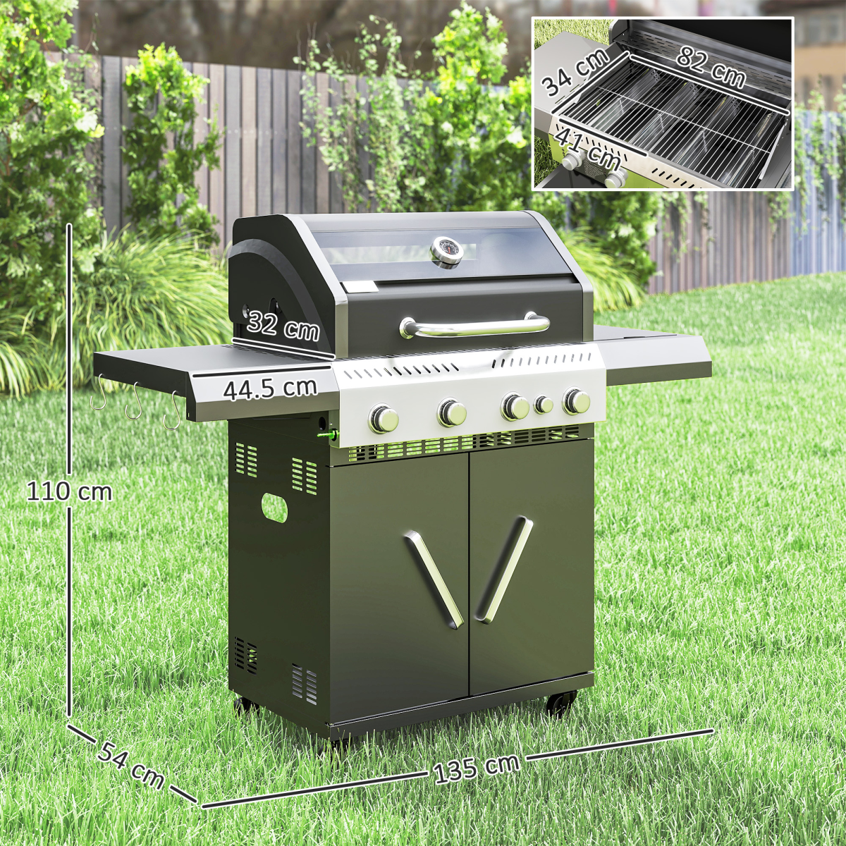 Outsunny 4+1 Burner Gas BBQ Grill with Clear View Lid, Thermometer, Black