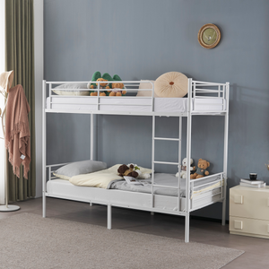 【Same Code：99091194】Twin Over Twin Bunk Bed for Kids Teens Adults, Heavy Duty Metal Bunk Bed with Ladder & Full-Length Guard Rail & Storage Space, White