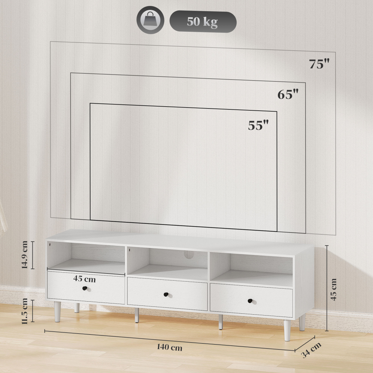 HOMCOM TV Unit, TV Cabinet for up to 75", with Drawers, Shelves, White