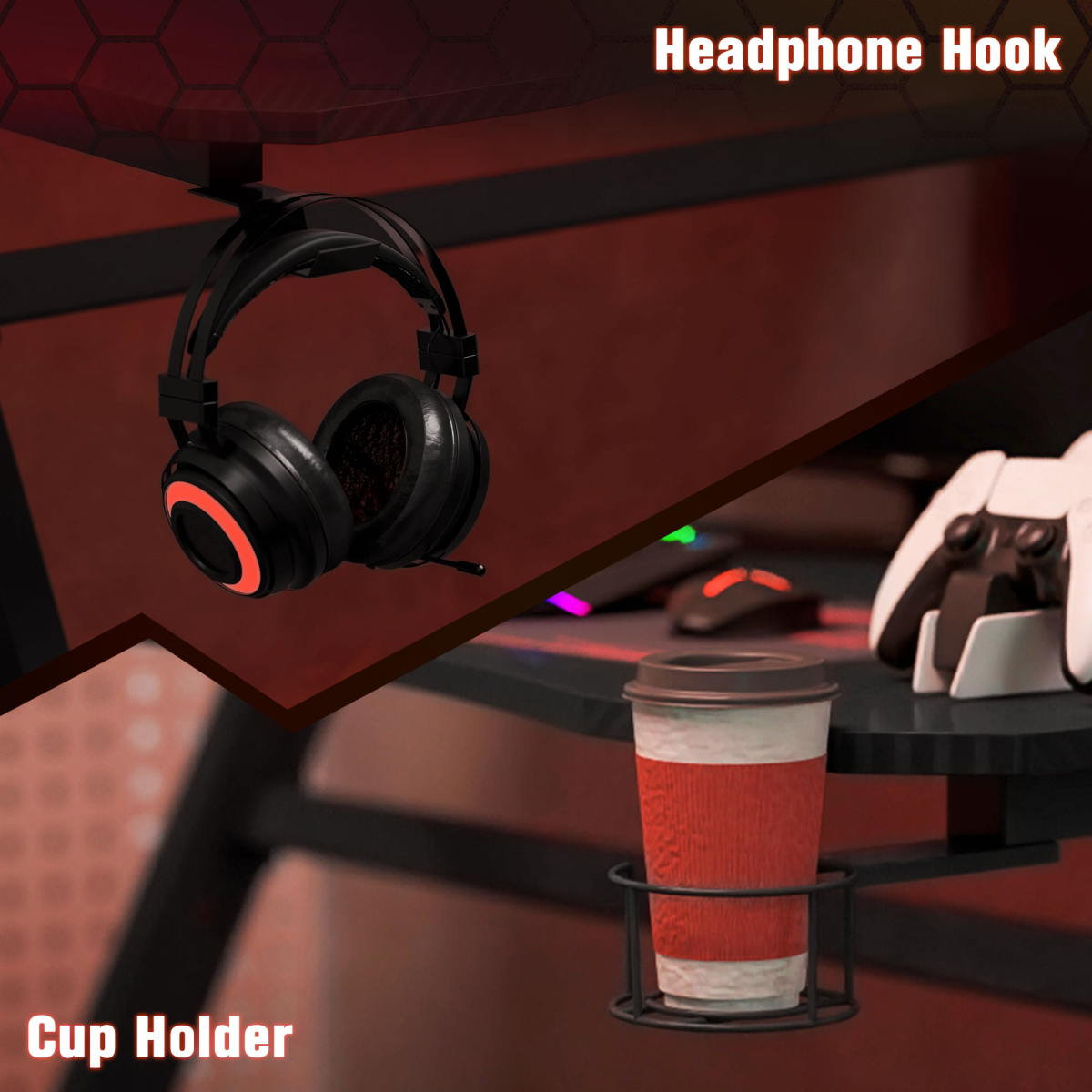 Gaming Desk Steel Frame Cup Headphone Holder Adjustable Feet Home Black
