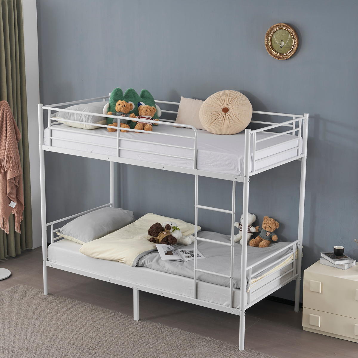 【Same Code：99091194】Twin Over Twin Bunk Bed for Kids Teens Adults, Heavy Duty Metal Bunk Bed with Ladder & Full-Length Guard Rail & Storage Space, White