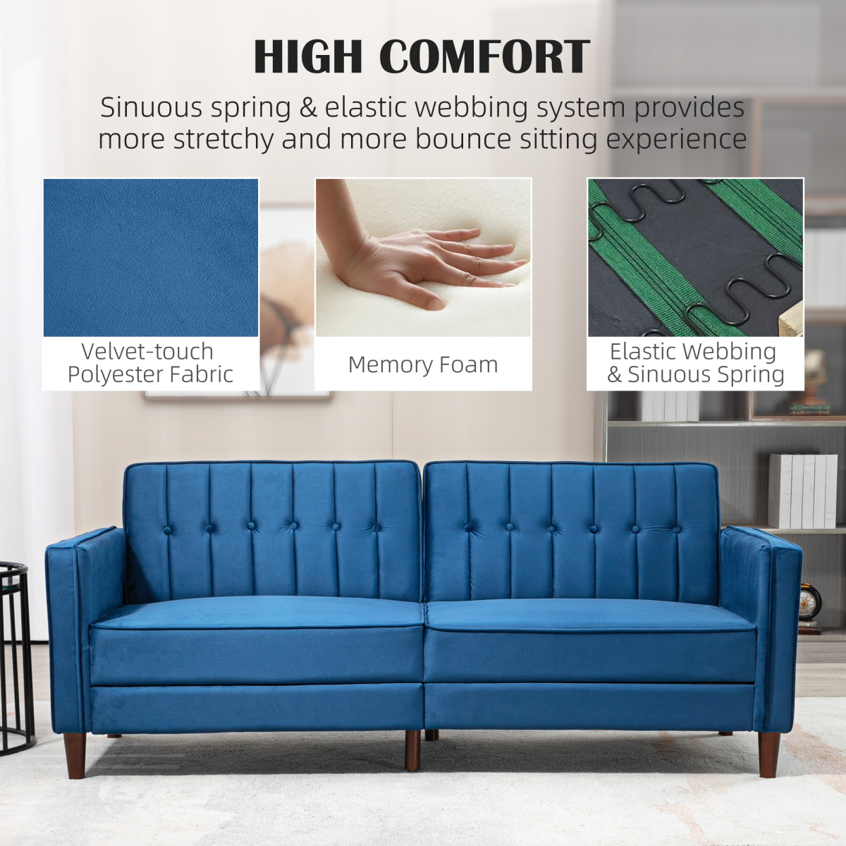 HOMCOM Convertible Sofa Futon Velvet-Touch Tufted Couch Sofa Bed Split Back Blue - Bert Joseph 