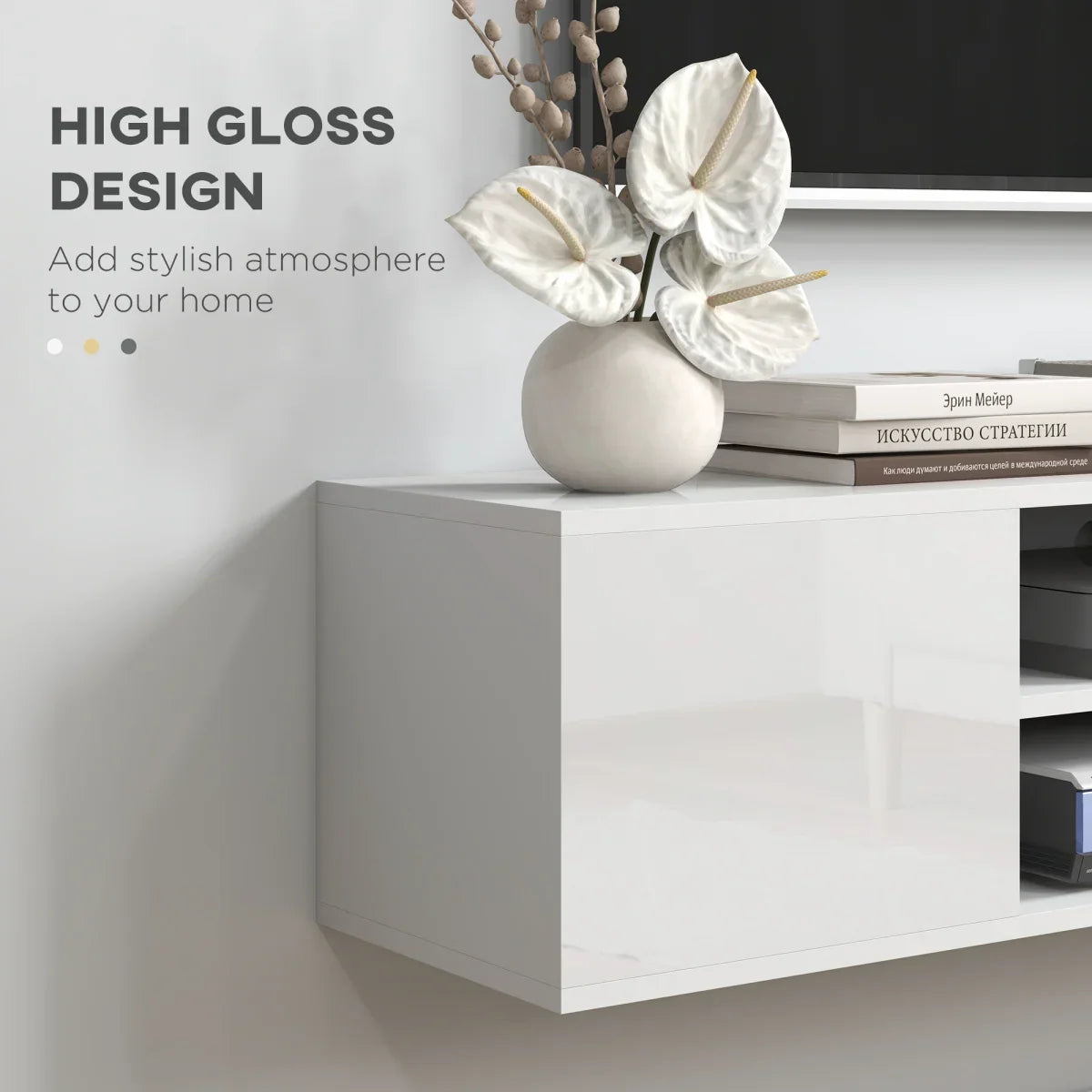 HOMCOM Floating TV Unit for 60" TVs W/ Shelves and Cabinets, White - Bert Joseph 