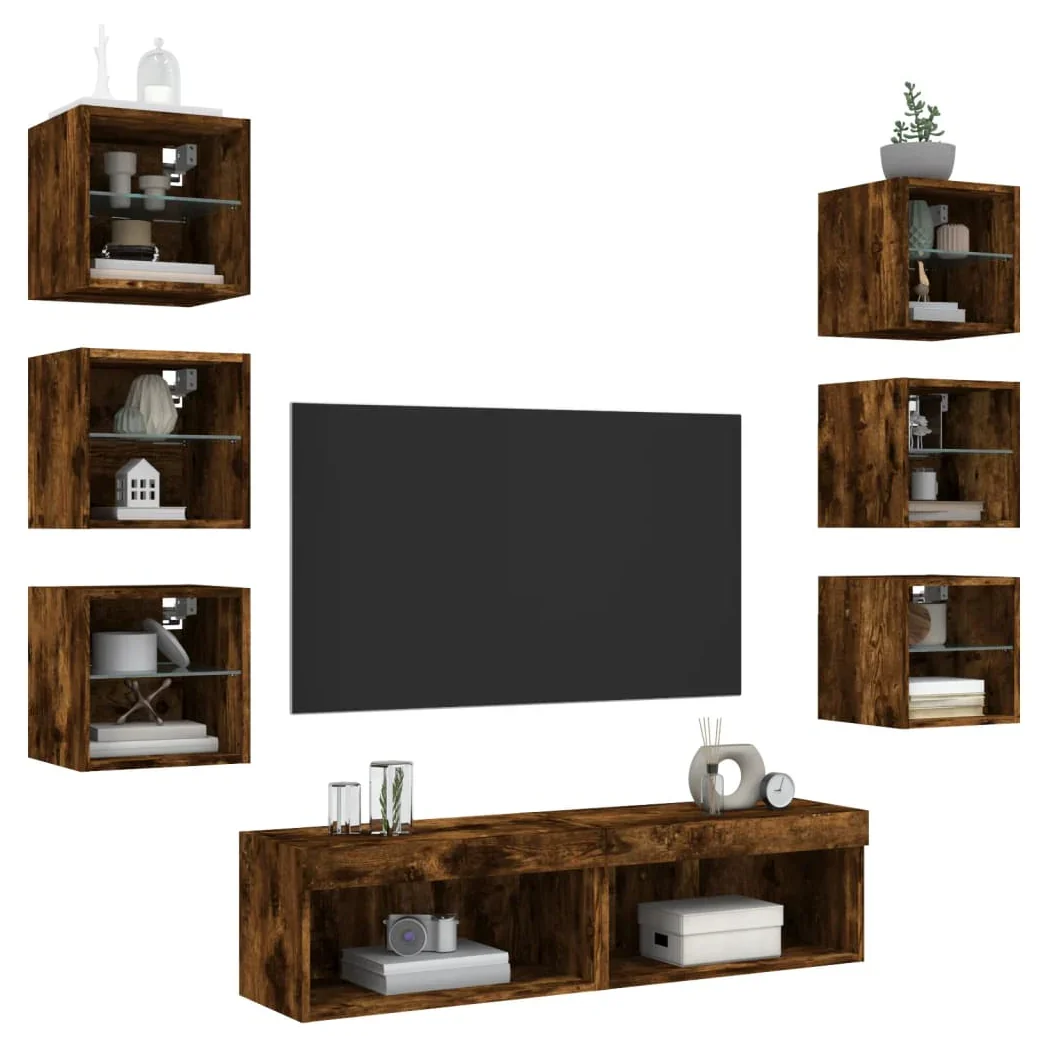 vidaXL 8 Piece TV Wall Units with LED Smoked Oak Engineered Wood - Bert Joseph 