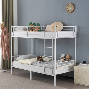 【Same Code：99091194】Twin Over Twin Bunk Bed for Kids Teens Adults, Heavy Duty Metal Bunk Bed with Ladder & Full-Length Guard Rail & Storage Space, White
