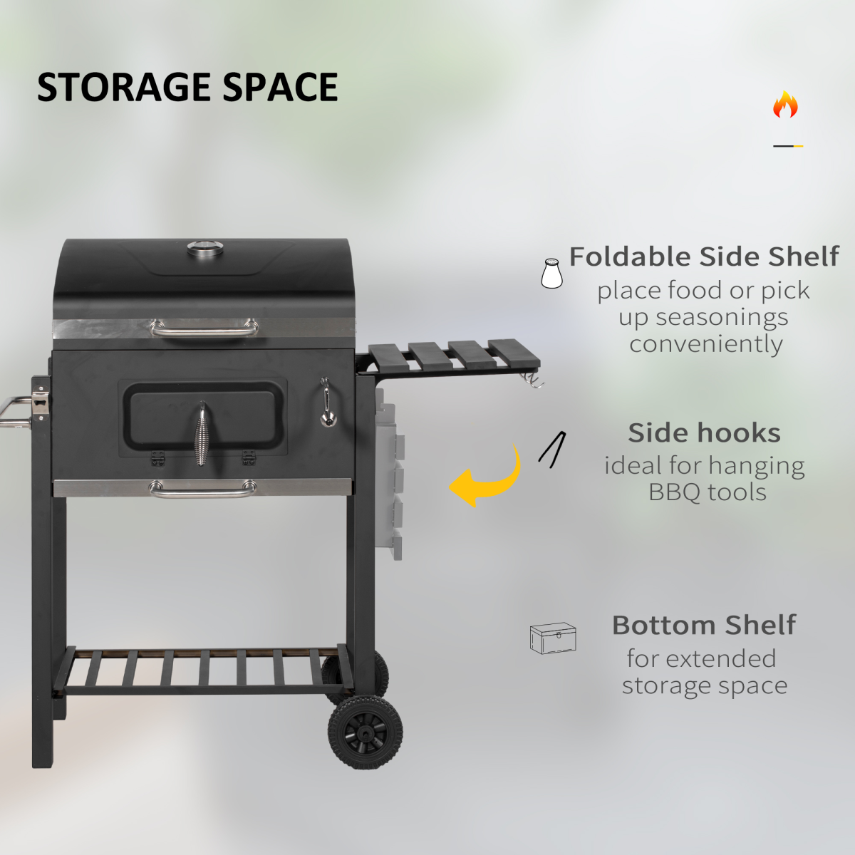 Outsunny Charcoal Grill BBQ Trolley Wheels Shelf Side Thermometer Steel Black