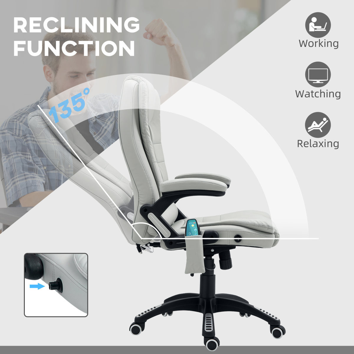 HOMCOM Heated Vibrating Massage Chair with Reclining Function, Light Grey