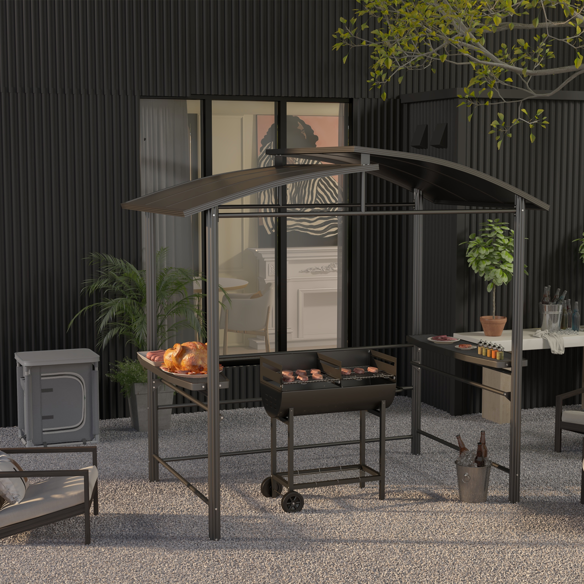 Outsunny Steel 2-Grill Charcoal BBQ w/ Wheels Black