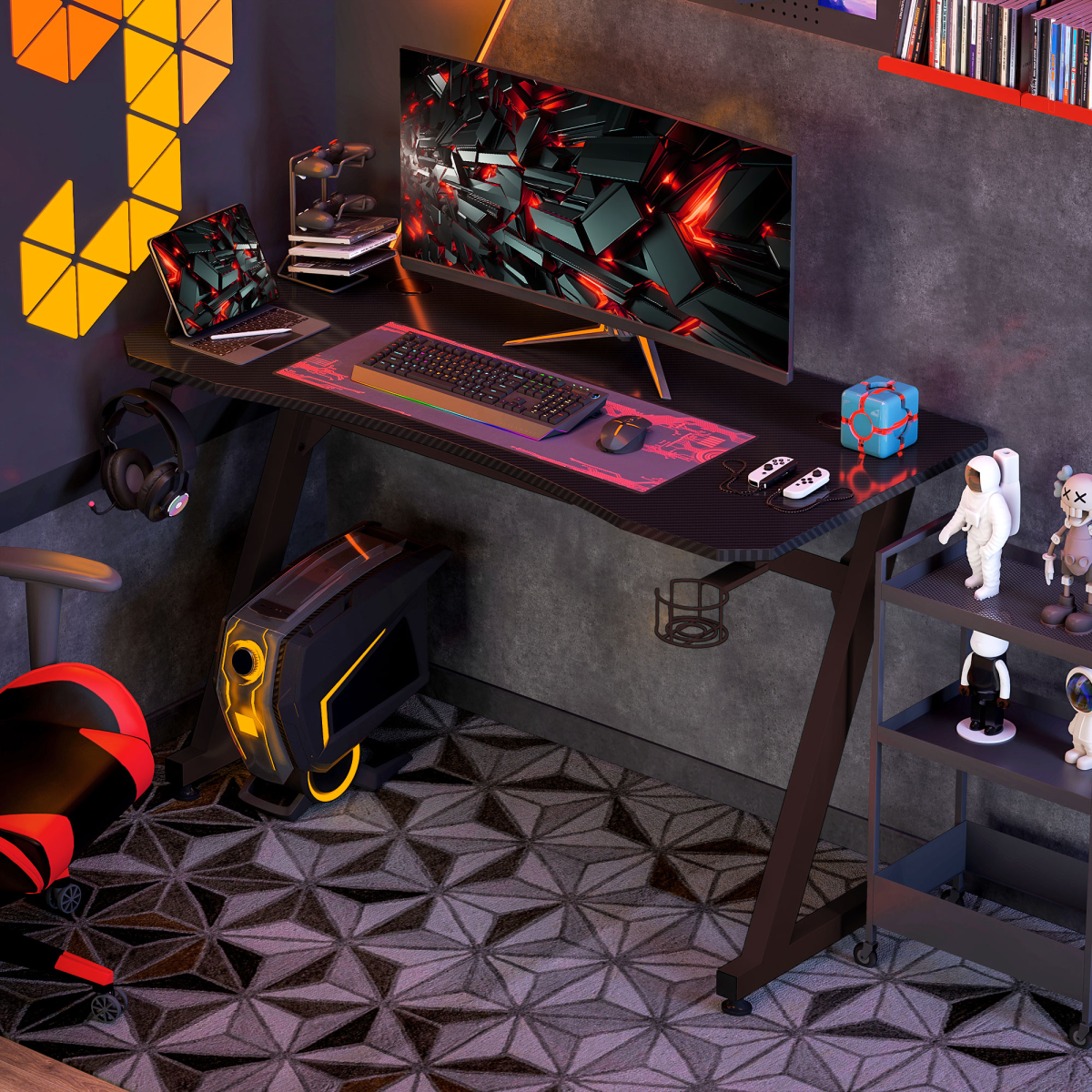 Gaming Desk Steel Frame Cup Headphone Holder Adjustable Feet Home Black
