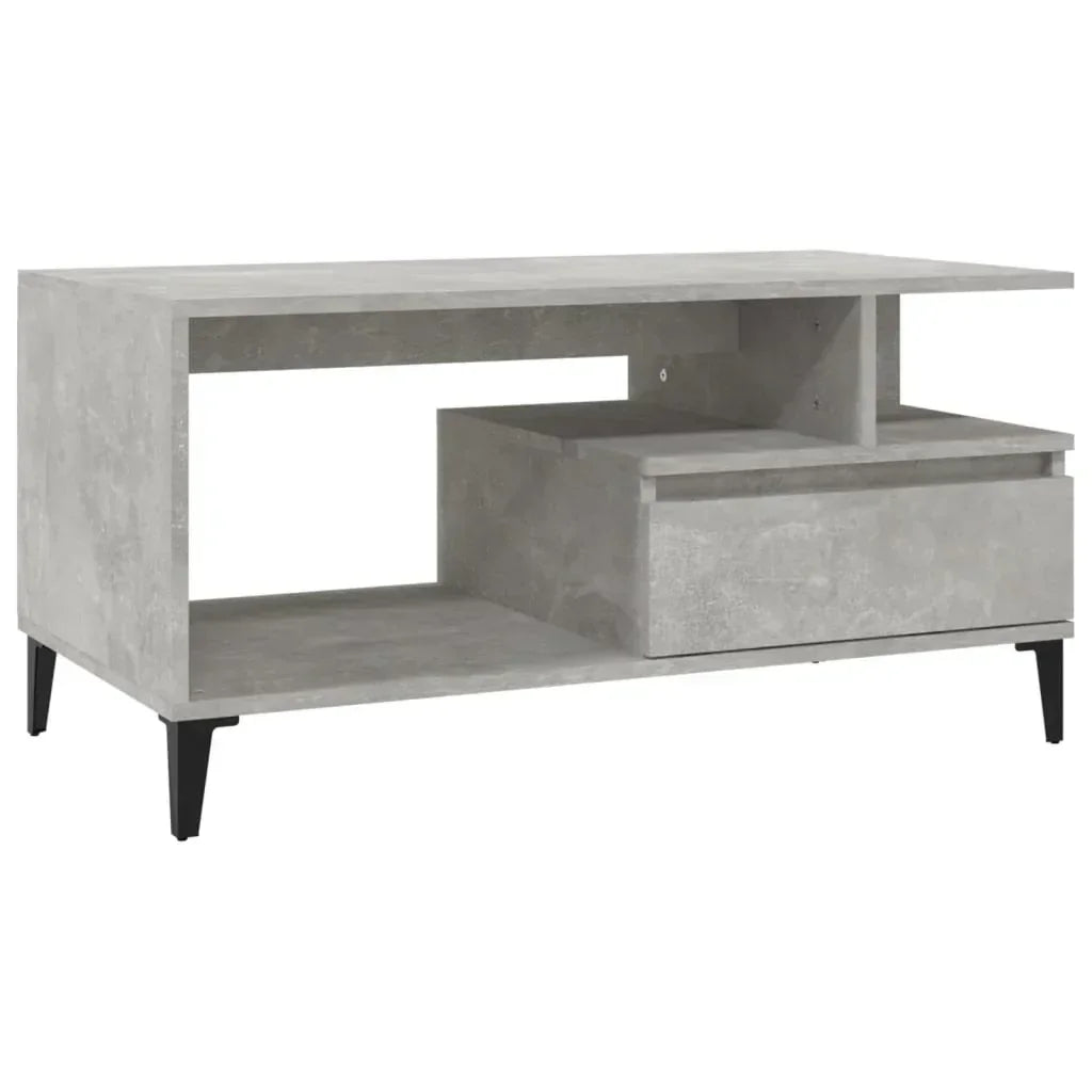Modern concrete-look TV unit with open shelves and single drawer, black legs, Bert Joseph furniture