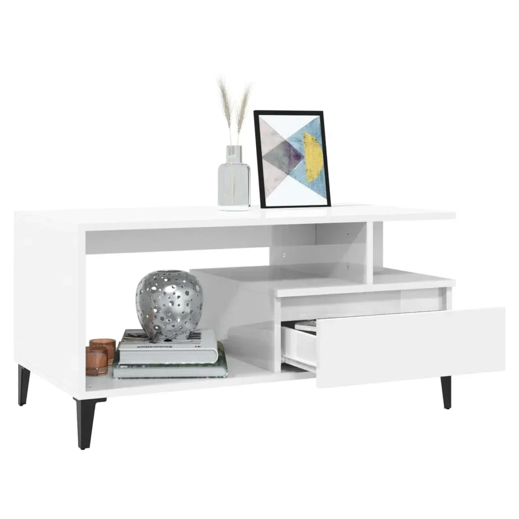 Modern white wood TV stand with open shelf, storage drawer, and black legs, ideal for living room