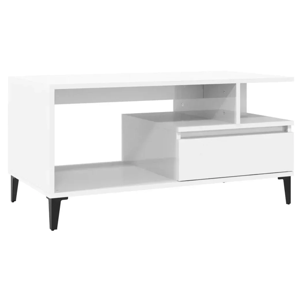 Modern white coffee table with storage shelf, drawer, and black legs, Bert Joseph furniture