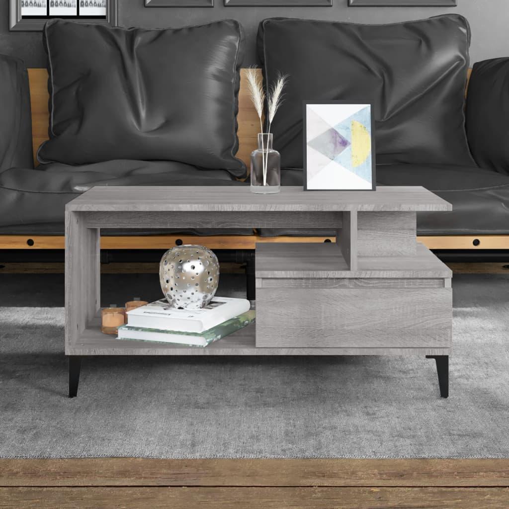Modern grey wood coffee table with open storage shelf and drawer, living room furniture