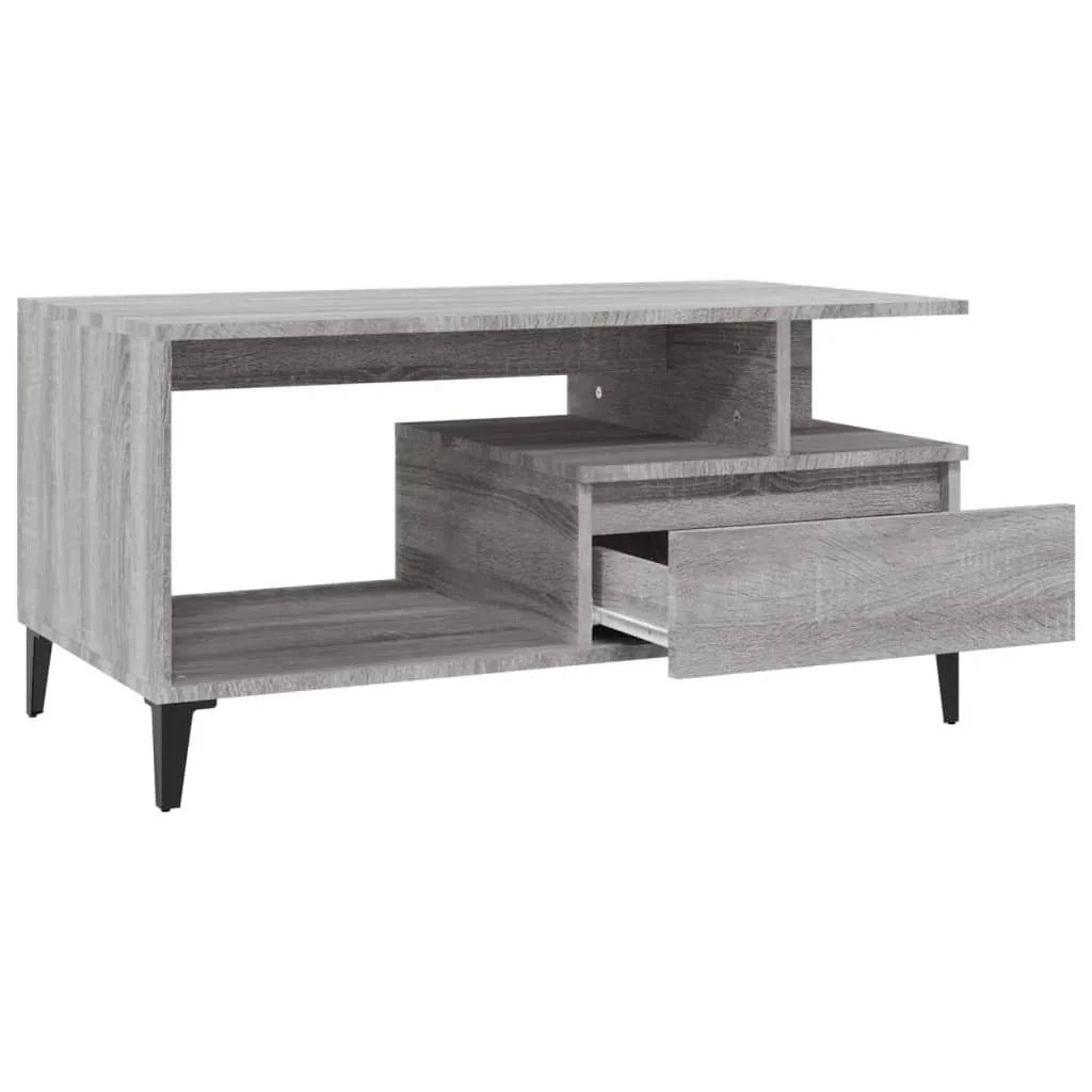 Modern grey wood TV unit with open shelves and drawer, black legs, stylish storage furniture