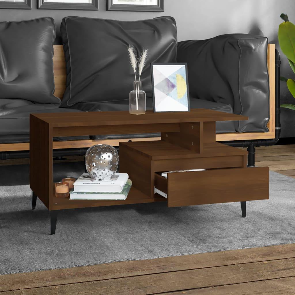 Modern walnut wood coffee table with storage drawers and open shelves in stylish living room.