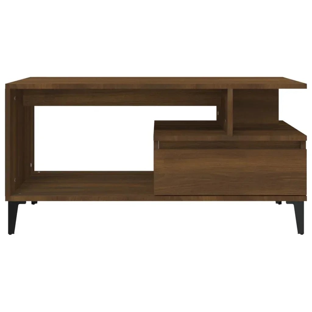 Modern walnut wood TV unit with open shelves and storage drawer, black legs, Bert Joseph furniture