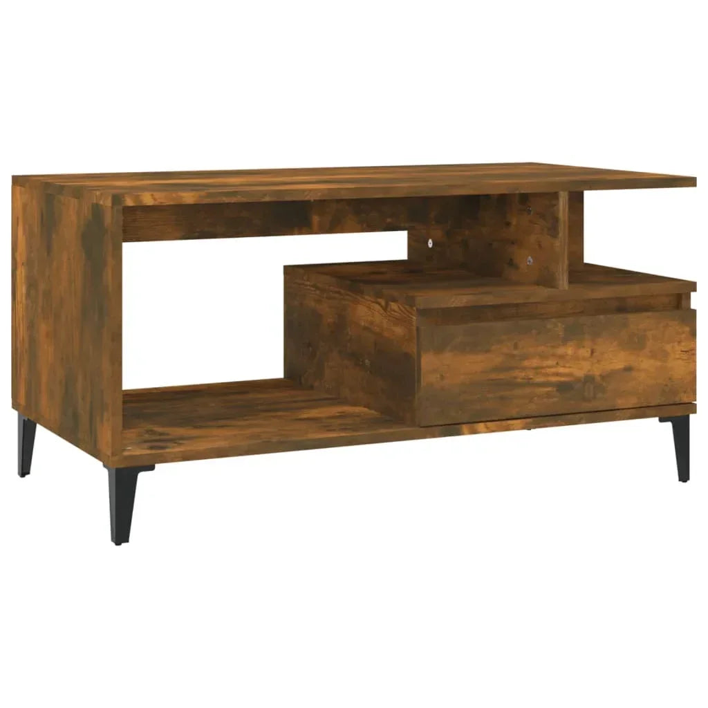 Modern rustic wood TV stand with open shelf, drawer storage, and black angled legs