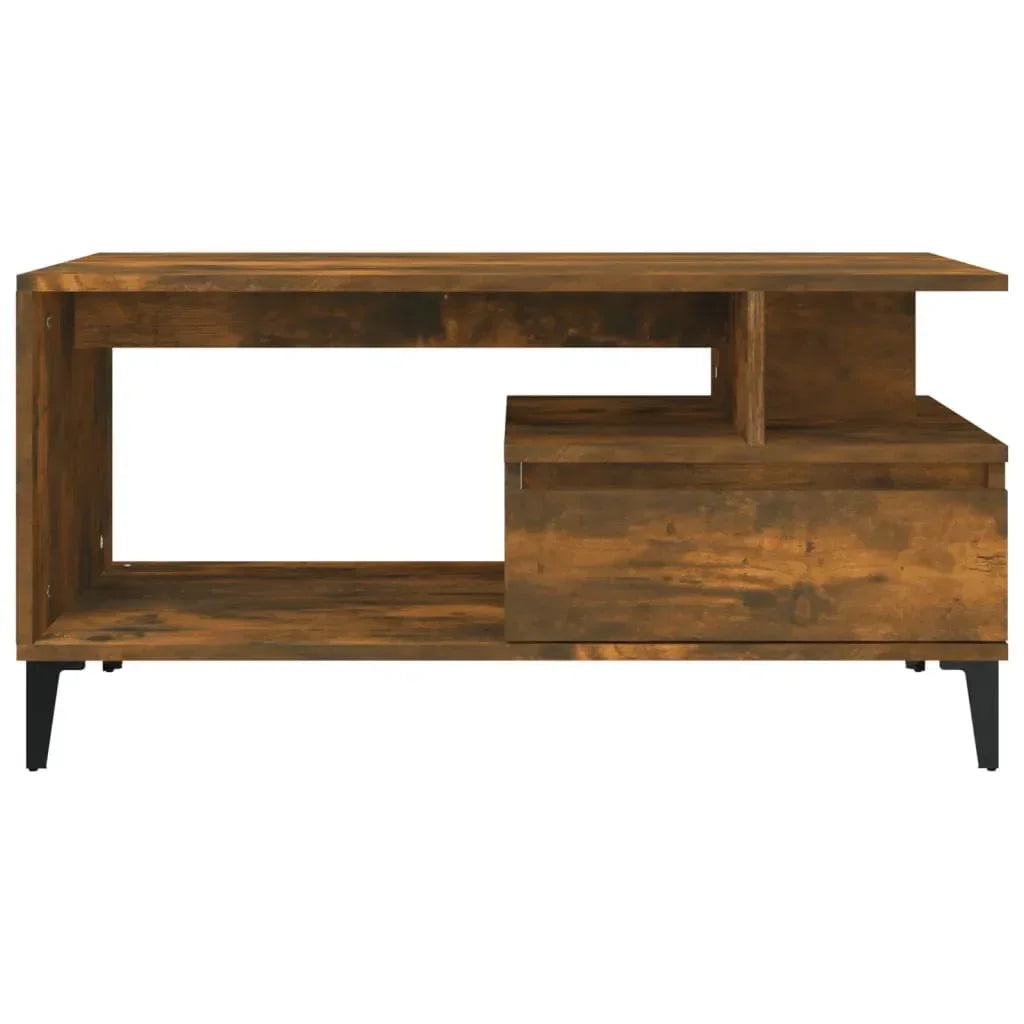 Modern wooden TV stand with open shelving and storage, walnut finish, black legs