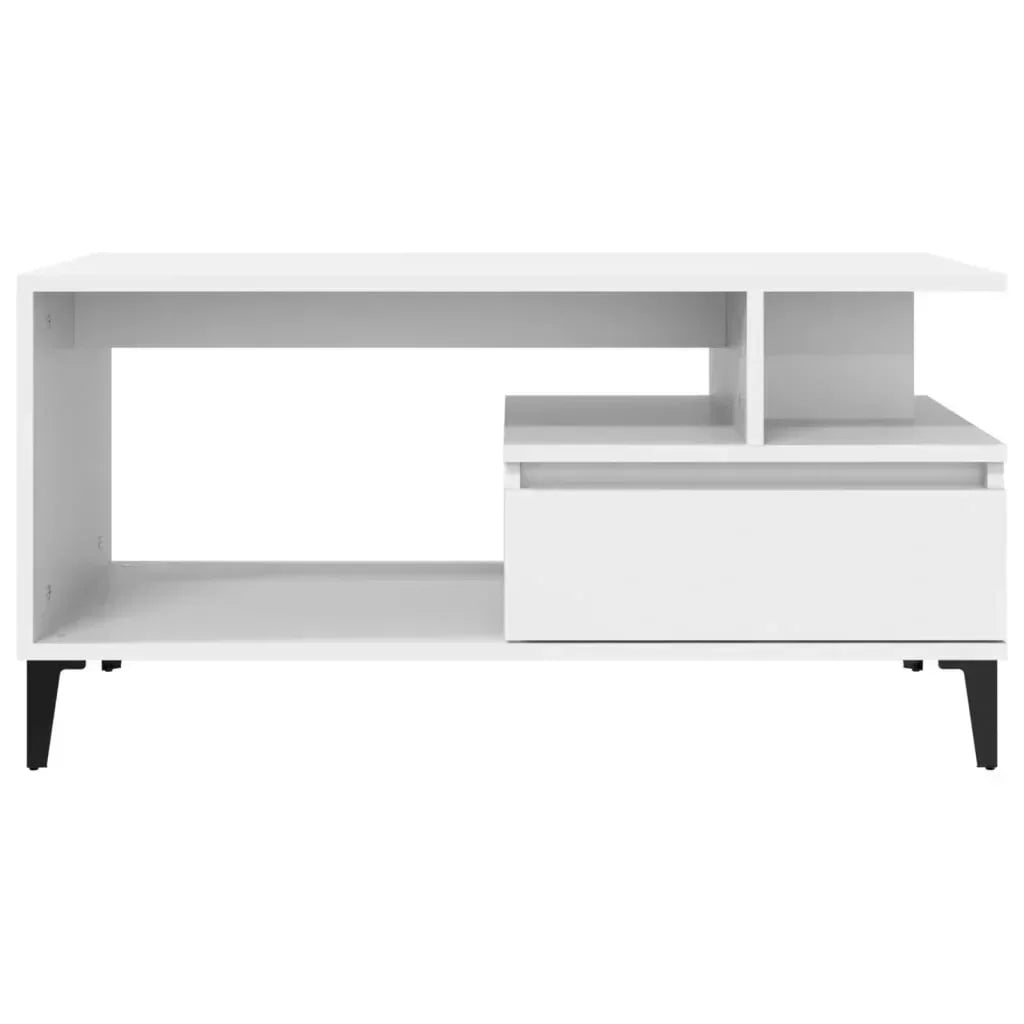 Modern white TV unit with open shelves, sleek drawer, and black legs from Bert Joseph
