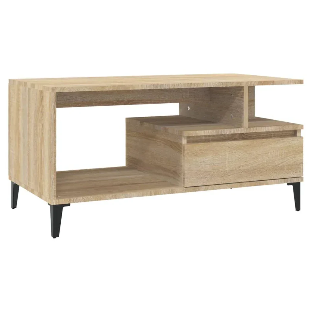 Modern light oak coffee table with open shelf, storage drawer, and black angled legs by Bert Joseph