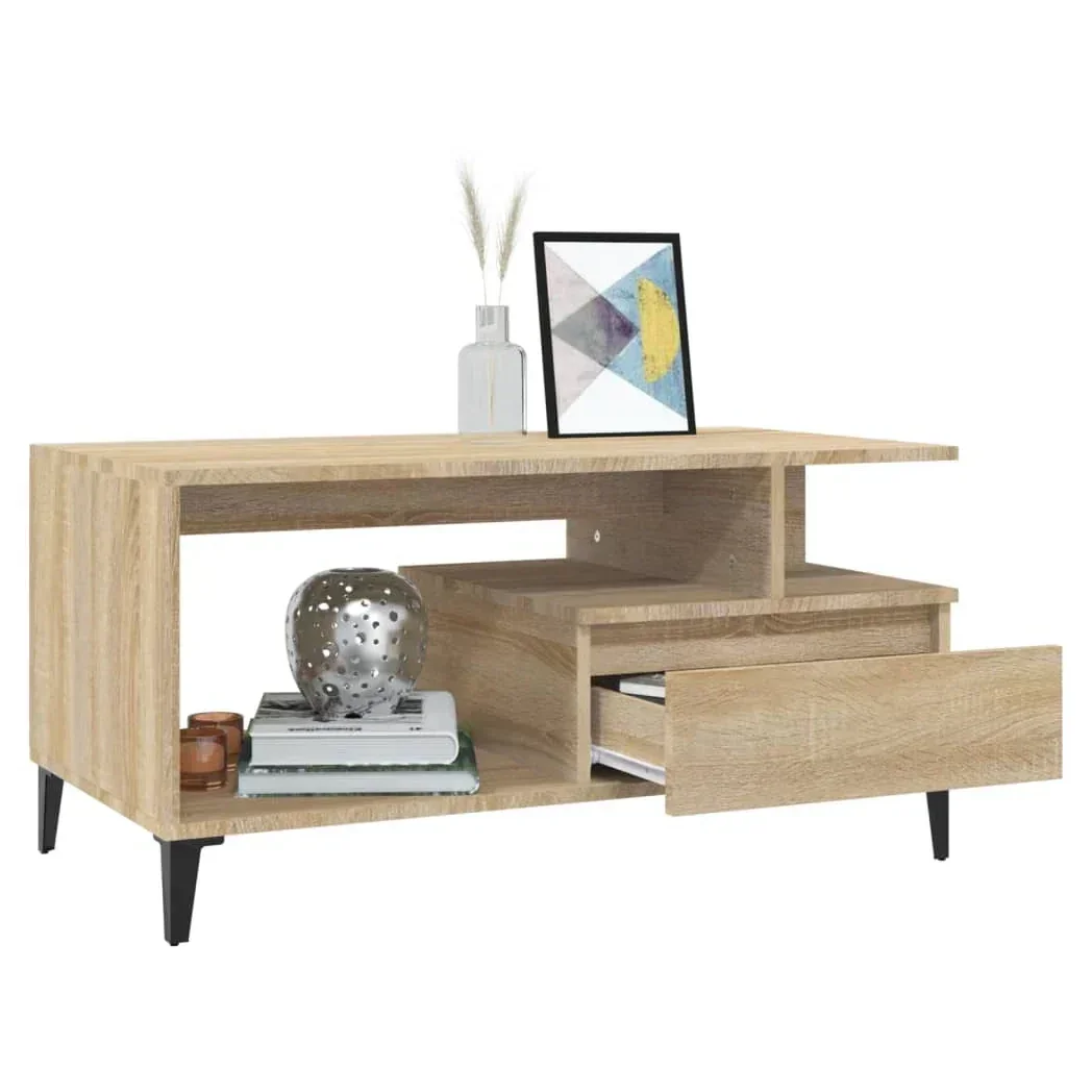 Modern oak-effect TV unit with open shelf, storage drawer, and black legs, styled decoratively