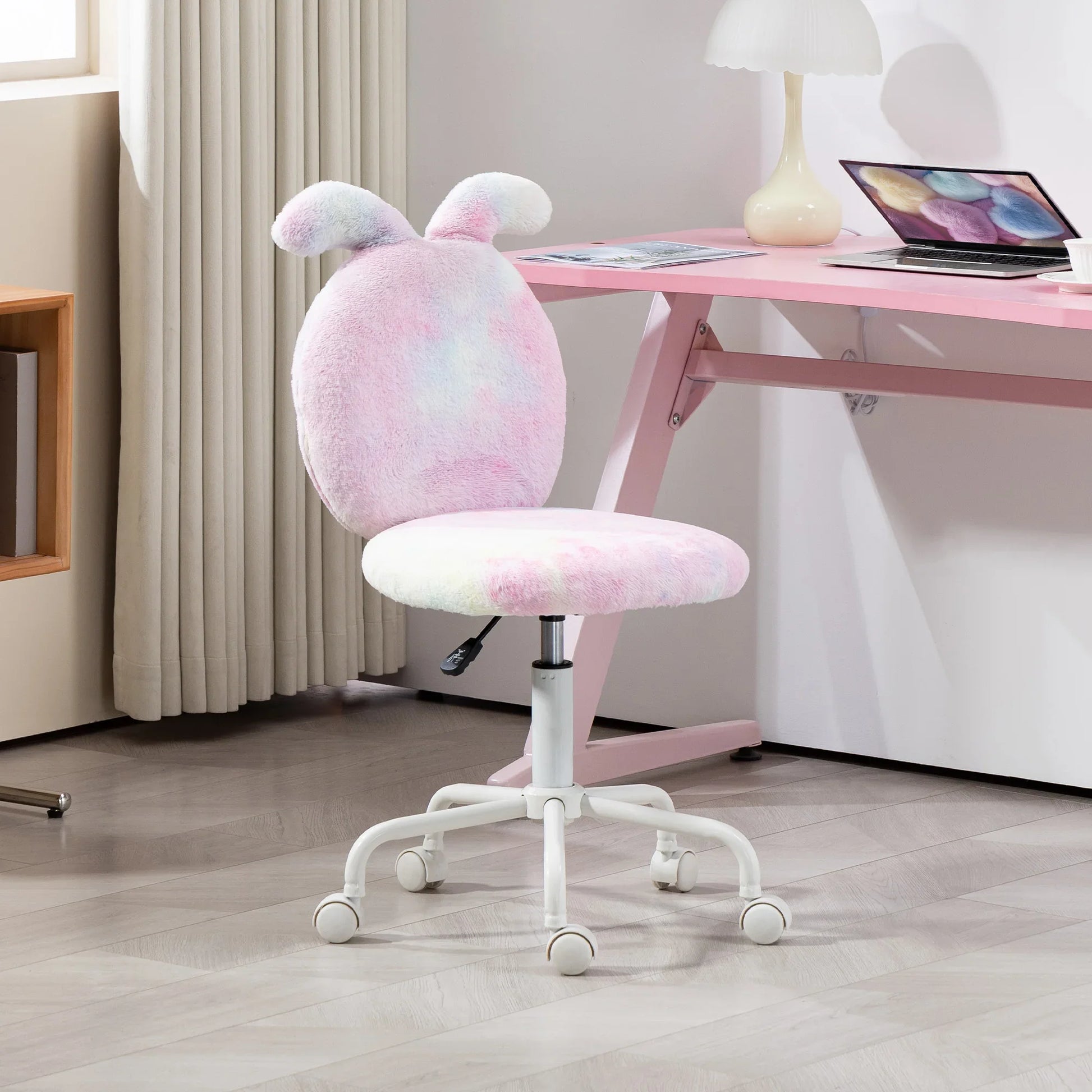 HOMCOM Armless Desk Chair Bunny Vanity Chair with Swivel Wheels Colourful - Bert Joseph 